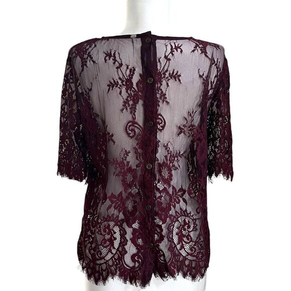 Lace Embroidered Y2K Mesh Top size S Burgundy Goth Fairy Grunge Festival Sheer - Picture 3 of 7